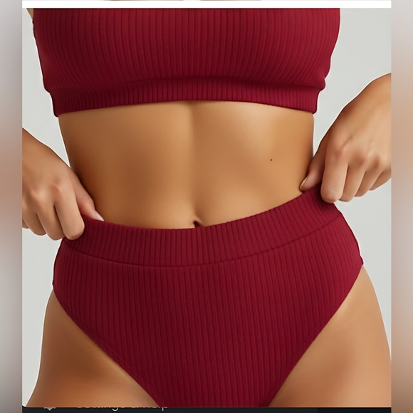 Burgundy Ribbed High Waist 2pc Bikini Swim Suit Bathing Suit - Picture 6 of 7